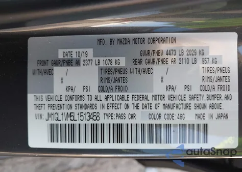 2020 Mazda 6 Touring from USA, damaged, VIN JM1GL1VM5L1513458